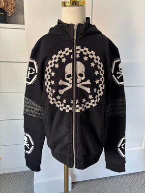 Phillip Plein Black Full Zip Hoodie Rhinestone Skull Hexagon Junior Size 8-9